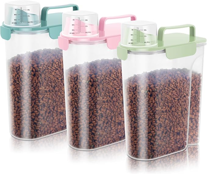 10-20Lbs Portable Cat Dog Food Storage Container with Upgraded Large Spout and Cup Dispenser for Small Large Animal Kibble, Pet Bird Snack, Oatmeal, Rice, Flour, Brown Sugart-3 Pack Pink Blue Green