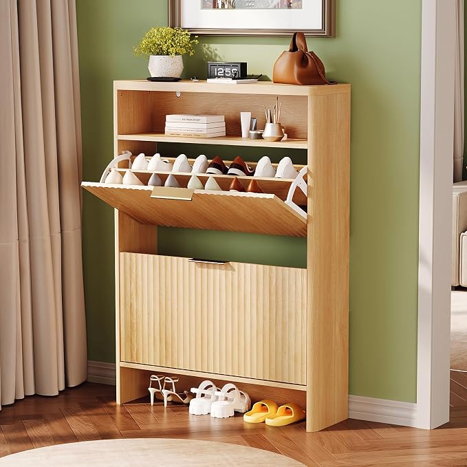 VINGLI Slim Shoe Cabinet with Curved Edges, Modern Hidden Shoe Storage Organizer with 2 Flip Drawers & Open Shelf, Narrow Wood Shoe Cupboard with Fluted Panel & Anti-Tip Kit for Entryway, Oak