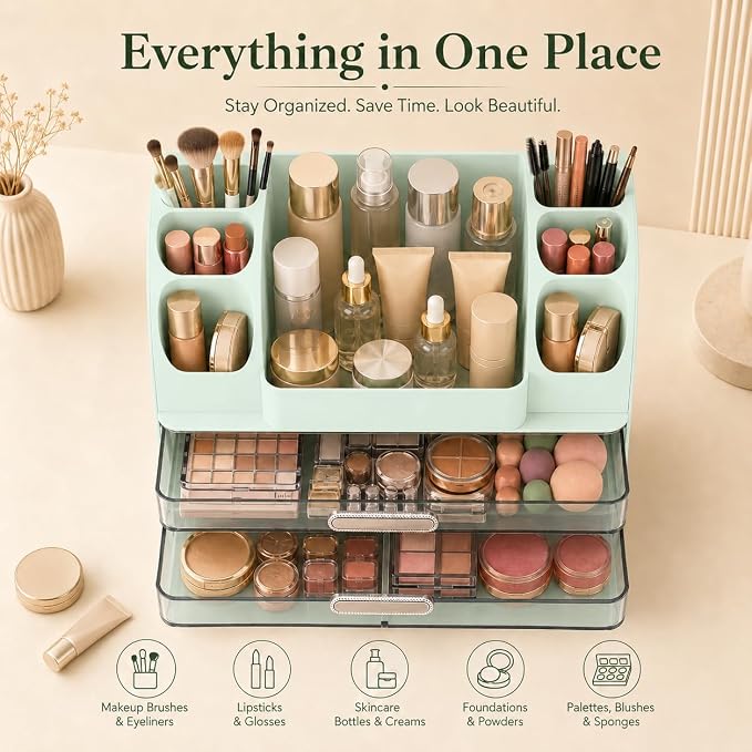 Large Makeup Organizer for Vanity - Perfume Cosmetic Display Cases | Skincare Organizers with 2 Drawers for Bathroom Dresser Desk, Easy to Store Brush Eyeshadow Lipstick Beauty Supplies, Green
