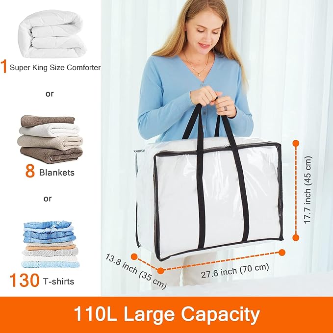 7 Pack 110L Clear Comforters Storage Bags with Zipper | Plastic Storage Bag, Foldable Closet Organizer, For Comforter Blanket Bedding Duvet Toys, Moving Bags