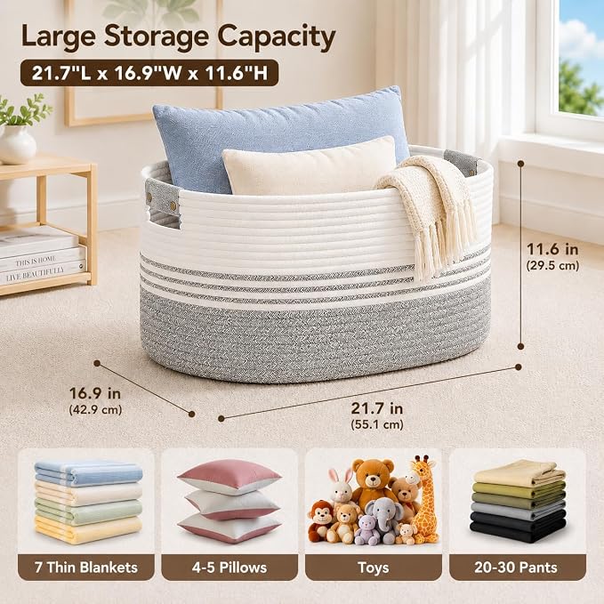 Laundry Hamper with Handles, 72L Rope Laundry Basket, Grey | Cotton rope clothes hamper with leather handles holds blankets, pillows, toys and laundry in nursery, bedroom or living room
