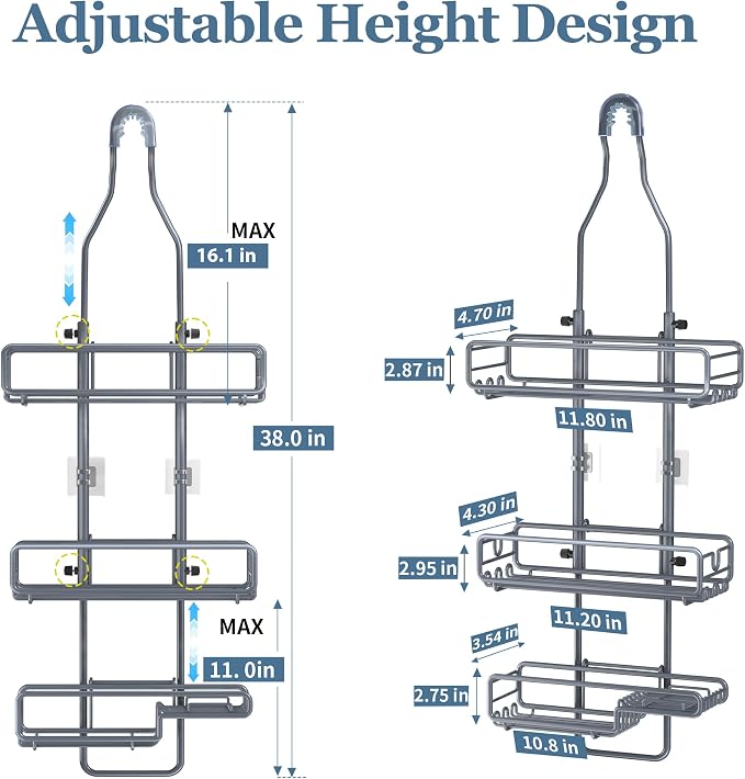 Skyapex Shower Caddy Hanging Bathroom Organizer: Over Head Adjustable Rack for Tall Showerhead - Extra Large Storage Shelf for Big Shampoo Bottles with Soap Holder (Grey)