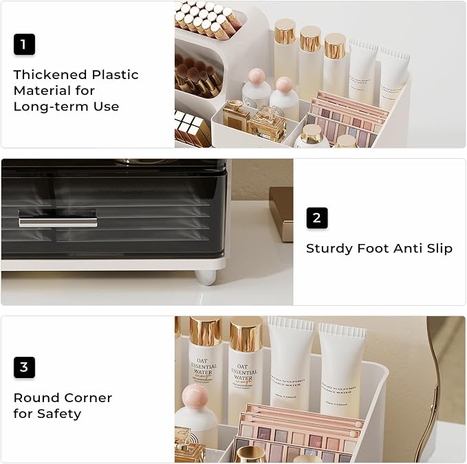 UFORU Makeup Organizer Countertop with Brush Holder for Vanity Bathroom | Large Capacity, Thickened Plastic, 2 Clear Drawers, Compact Size, Detachable Brush Holder, Divided Compartments, Easy Access