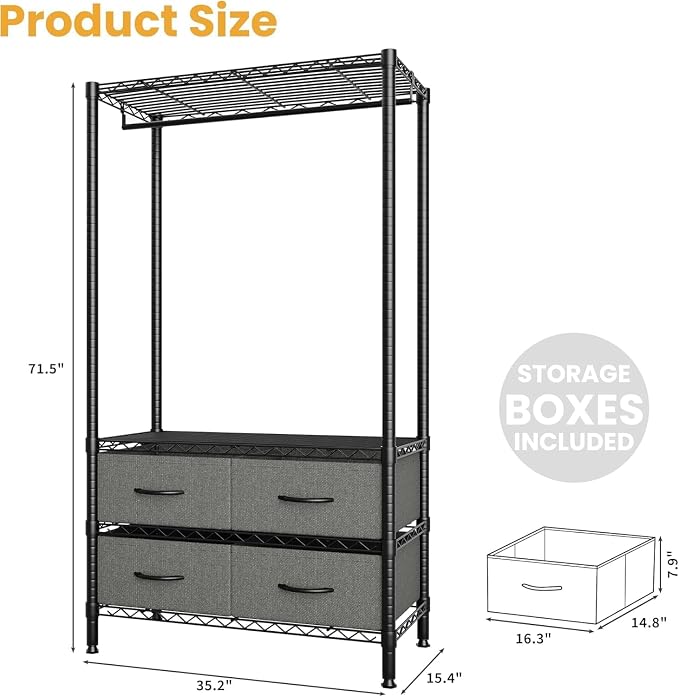 Portable Closet with Drawers Clothes Racks for Hanging Clothes | Freestanding closet organizer Sturdy structure Space saving Orgnizer Easy to assemble