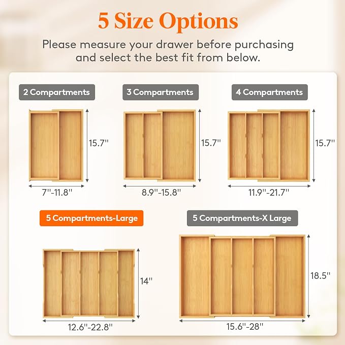 Lifewit Utensil Organizer for Kitchen Drawer, Expandable Cooking Utensil Tray, Cutlery Silverware Flatware Holder, Wood Adjustable Spatula Tools Storage Divider, 12.6-22.8x14/ 32-58x35.6cm, Natural