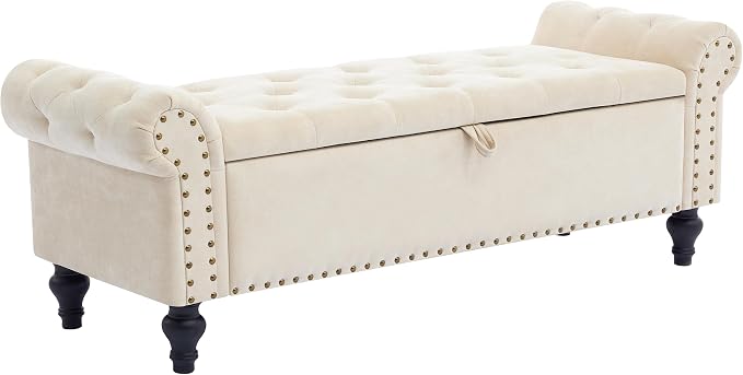 55" Storage Bench for Bedroom, Upholstered Ottoman Bench, Chenille Beige | End of Bed Bench for Bedroom, Window Benches for Living Room, Entryway, Ottoman with Large Storage Space, Pet Friendly