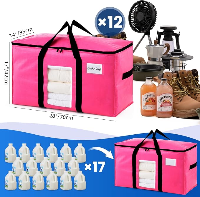 TAILI 12 Pack Pink Extra Large Moving Bags, Heavy Duty Totes with Visible Window, Wrap Around Handles, Space-Saving Storage Solution, Alternative to Moving Boxes