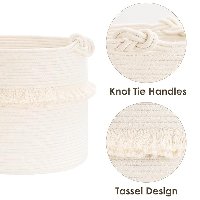 CherryNow 45L Woven Rope Baby Basket with Tassel, 16" x 13", Off-White | Decorative Boho Laundry Basket for Blankets & Towels Storage, Fits Living Room & Nuesery Home Decor, with Knotted Handles