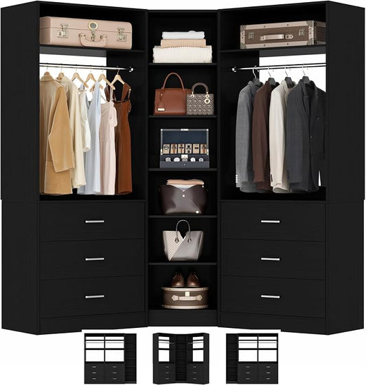 Besiost Closet System with 6 Drawers & 10 Shelves, Corner Closet Organizer System, Reversible Walk-in Closets, (L-Shaped 31.5" L * 31.5" W / I-Shaped 62.9" L * 15" W), Load 1500+LBS, Black