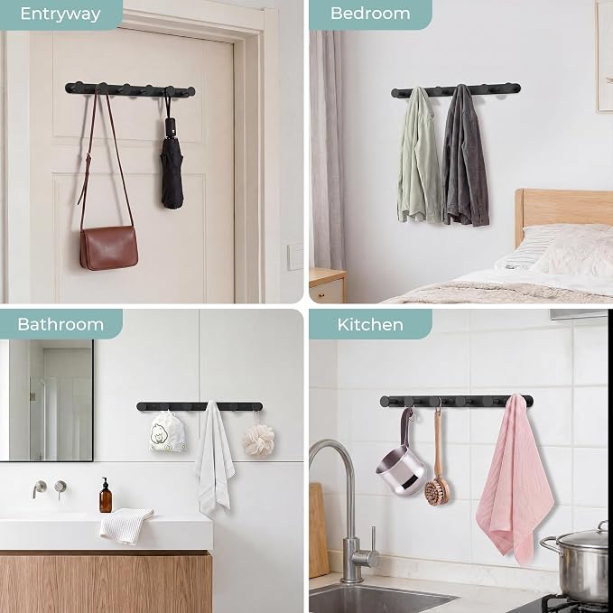 FORIOUS Hat Coat Rack Wall Mounted, 6 Wall Hooks SUS304 for Hanging Black | 304 Stainless Steel Hook Rack for Bags Keys Hats, Coat Racks for Bathroom Bedroom Entryway Kitchen Hotel, Space Saving