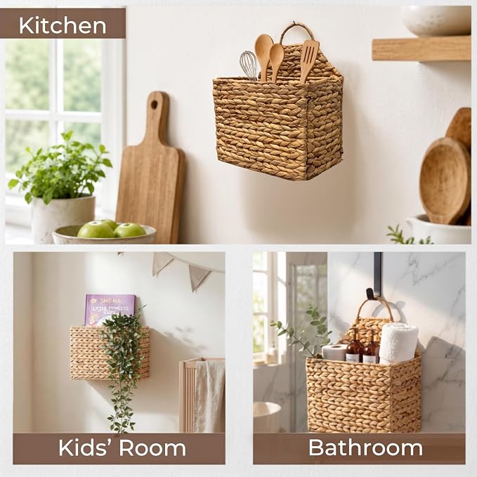 Hanging Wall Basket - Flat Back Woven Storage Organizer for Mail, Books, and Magazines - Decorative Wall Hanging Basket Decor for Front Door, Entryway, and Farmhouse Home Decor, Beige