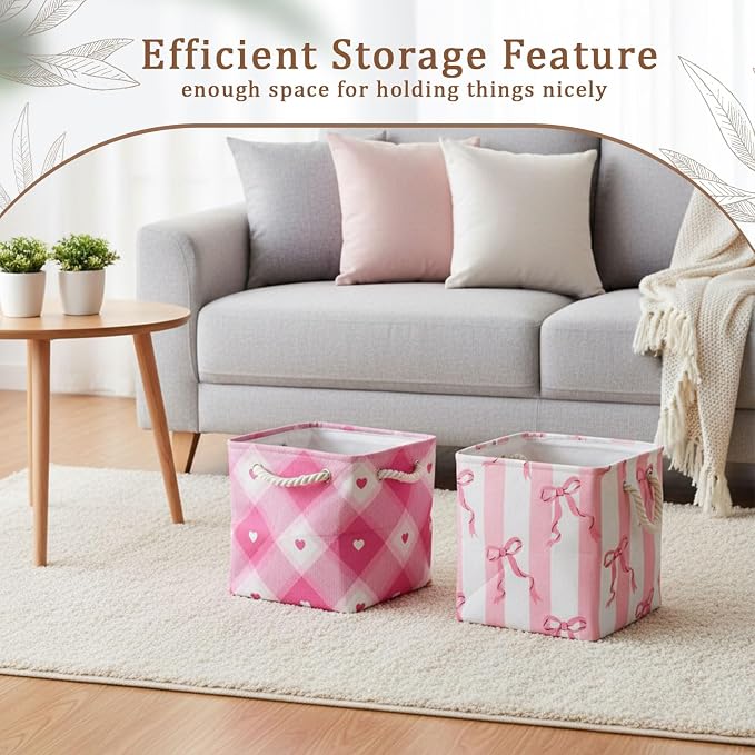 Geiserailie 6 Pcs 11 x 11 Inch Cube Storage Bins Fabric Storage Organizer Bins Foldable Cube Baskets with Sturdy Carry Handles Wicker Baskets for Home (Pink Bow)