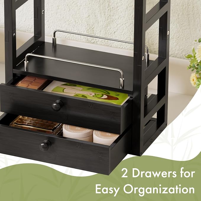 AmazerBath Bamboo Bathroom Counter Organizer, 2-Tier Makeup Organizer with 2 Drawers, Vanity Organizer Storage Coffee Matcha Station, Compact Shelf for Bathroom Kitchen Office Countertop, Black
