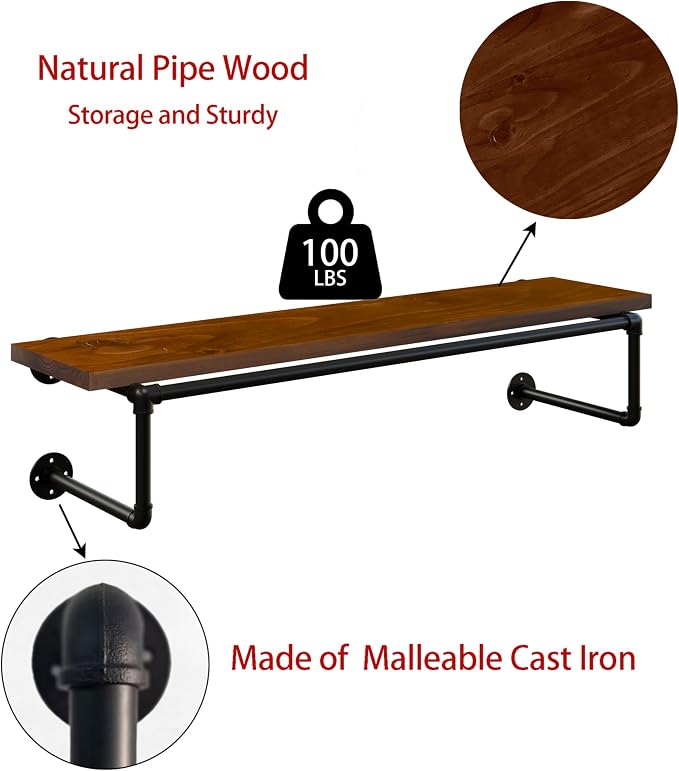 Clothes Rack 42in, Wall Mounted Garment Racks with Real Walnut Wood Shelf, Heavy Duty Hanging Clothes Rack, Multi-Purpose Hanging Rod, Space-Saving Closet Storage