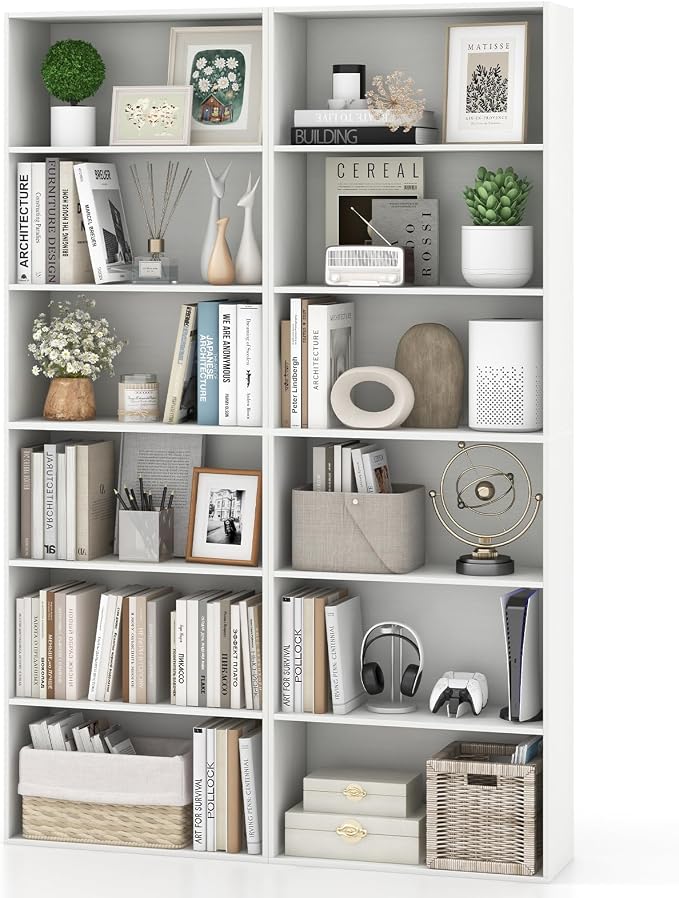 Giantex 6-Tier Bookcases Set of 2, 70" Tall Wooden Bookshelf, Freestanding Storage Organizer w/Open Shelves, Anti-Tipping Kits, Modern Floor Standing Display Shelves for Living Room, Bedroom, White