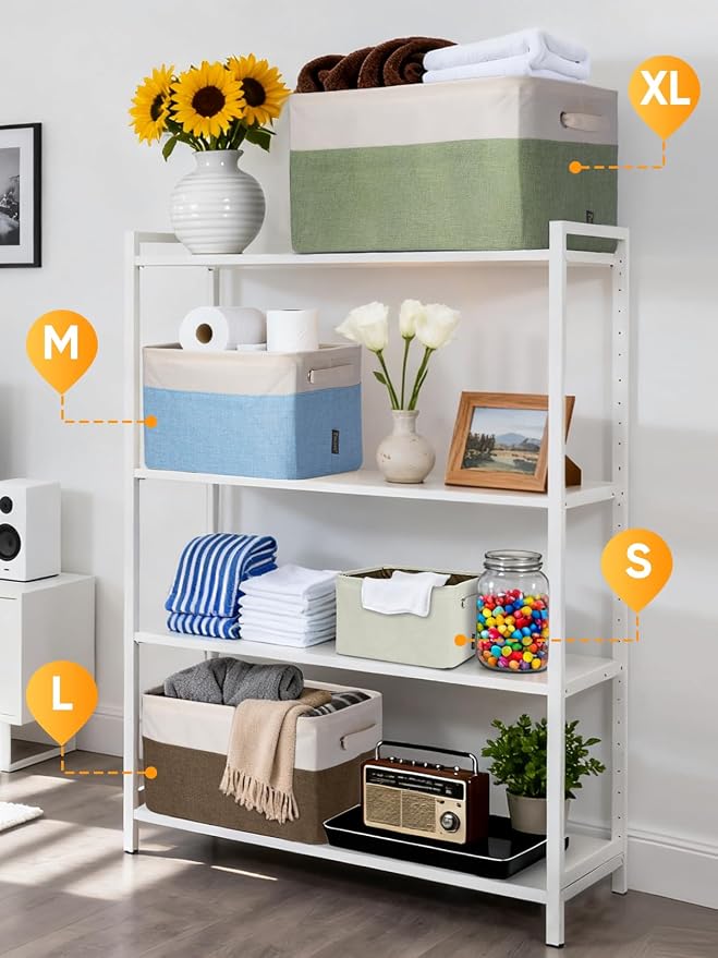 BALEINE 4 Pack Fabric Closet Storage Bins for Shelves, Linen Closet Organizers and Storage, Decorative Baskets for Organizing, Shelf, Clothes, Home, Office (White, 12"x8"x8")