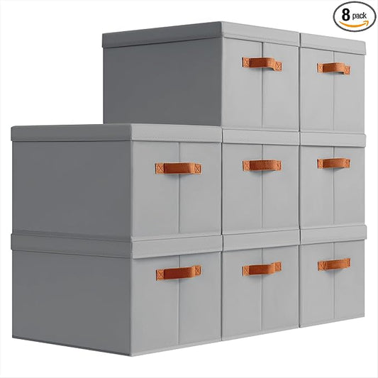 Homsorout Storage Bins with Lids - Large Fabric Closet Bins with Lid, 8 Pack Clothes Organizers and Storage, Collapsible Stackable Cube Basket for Home, Office, Dorm, Grey