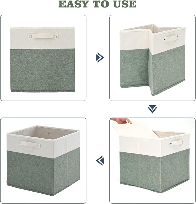 FinishingBo 13x13x13 Storage Cube Bins 6 Pack, Cube Shelf Baskets | Foldable Storage Cubes, Linen Storage Bins with Handles, Closet Organizers, White/Green