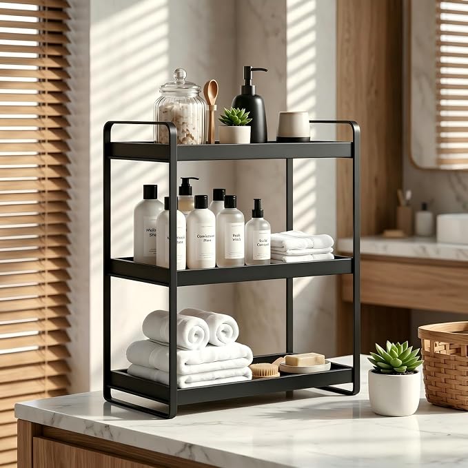 Bathroom Counter Organizer with Basket, Bathroom Organizers and Storage,Skincare Organizers for Vanity,Storage Organizers for Bathroom, Kitchen, Dresser (3-Tier Black Wood Rack)