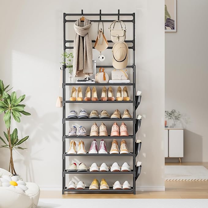 Shoe Rack 7 Tier Shoe Organizer Storage 21-28 Pairs | Closet Shoes Rack for Front Door Entrance Shoe Rack Organizer with Hooks Side Pocket Entryway Large Capacity Shoe Shelf Tower