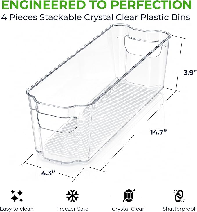 Zulay 4 Pack Clear Refrigerator Organizer Bins - Narrow Fridge Organizers and Storage Clear - Ideal Freezer Organizer Bins, Refrigerator Storage Containers, Kitchen Cabinets, Pantry Organization