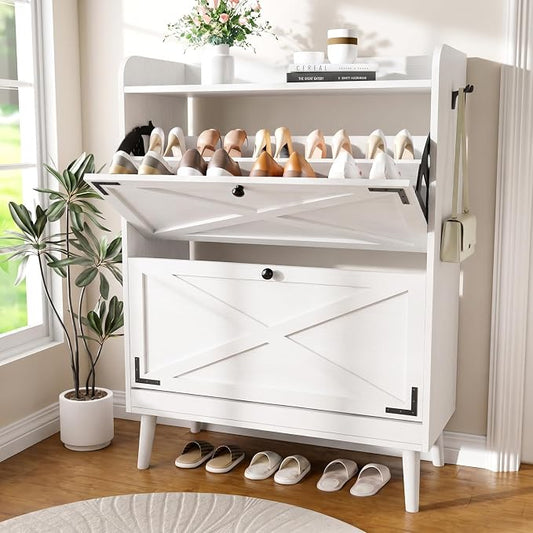 YZ HOME Shoe Storage Cabinet with 2 Flip Drawers | Entryway Shoe Cabinet, Metal Hooks & Adjustable Shelves, Freestanding Narrow Shoe Rack for Hallway Foyer, White