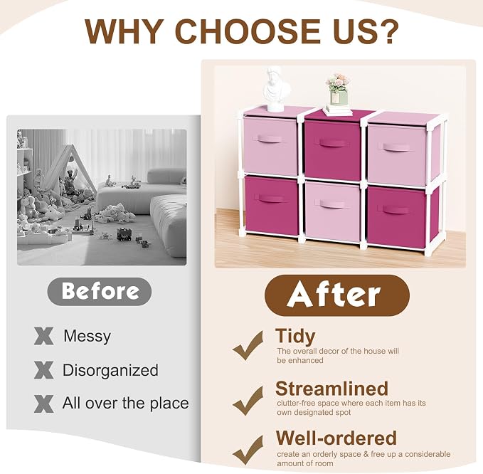 Briwooody 6 Cube Storage Organizer Storage Bins Shelf,Pink,Rose