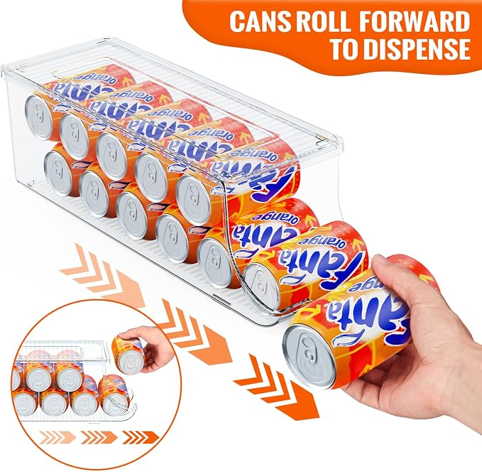 SCAVATA 2 Pack Soda Can Organizer for Refrigerator, Stackable Canned Food Pop Cans Container Can Holder Dispenser with Lid for Fridge Rack Freezer, Clear Storage Bins-Holds 12 Cans Each (Clear)