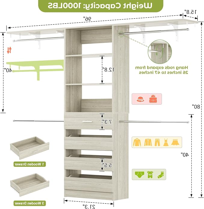 Aheaplus Closet System with 4 Drawers, 8FT Wood Closet Organizer System, 96’’ Closet Built In System Tower with Shelves, Walk-in Closet Wardrobe Clothes Garment Rack, Fits Spaces 4-9 ft, White Oak
