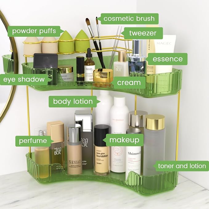 Makeup Organizer 2-Tier Bathroom Counter Organizer with Makeup Brush Holder | Corner Bathroom Organizer Countertop, Acrylic Counter Storage for Bathroom Dresser, Skincare Perfume Organizer- Green