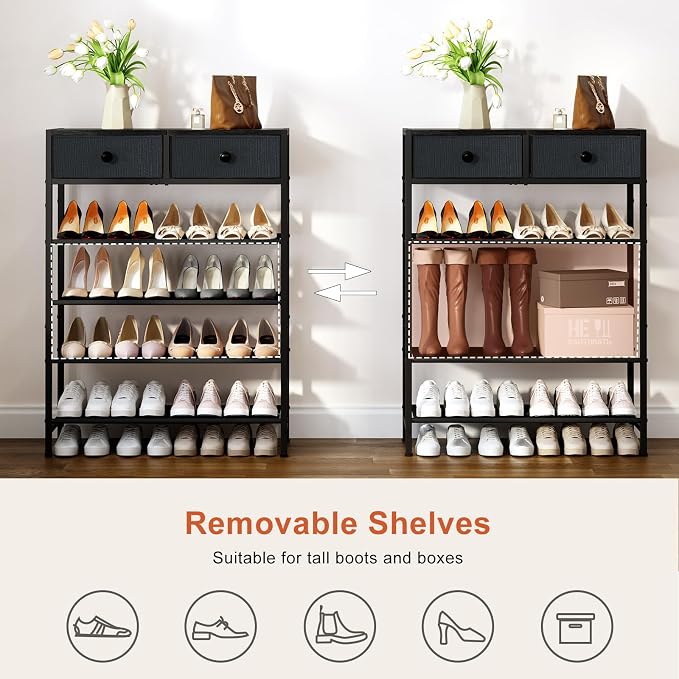 5 Tier Shoe Rack with 2 Drawers Black Grey | Holds 16-20 pairs. Fabric shelves prevent dust. Drawers for small items. 20-min assembly with clear guide.