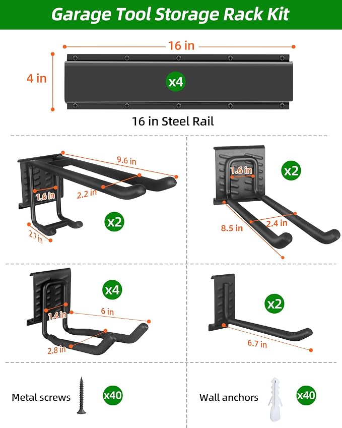PIYILO 64 in Garage Tool Organizer Wall Mount, Adjustable Tool Storage Rack | Heavy-duty 510 LBS, 10 Hooks in 4 Types, Wear & Tear Resistant, Soft Anti-Scratch Hook Sleeves, For Yard Tools, Shovels, Shed