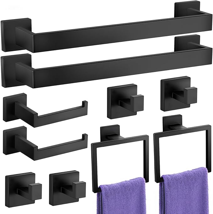 Bathroom Hardware Accessories Set: Bath Towel Bar Set, Towel Racks for Bathroom Wall Mounted, SUS304 Stainless Steel (Matte Black, 10-Pieces)