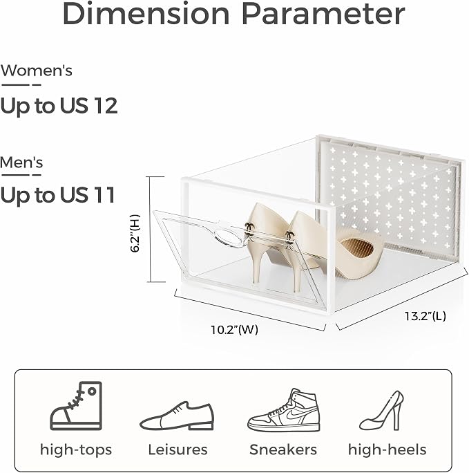 12 Pack X-Large Shoe Storage Boxes, Shoe Organizer Clear Stackable | Fit US Size 11, 6.2” Height, Shoe Dispaly Case Holder Bins Sneaker Storage for Sneakerheads, For Home and Family, White