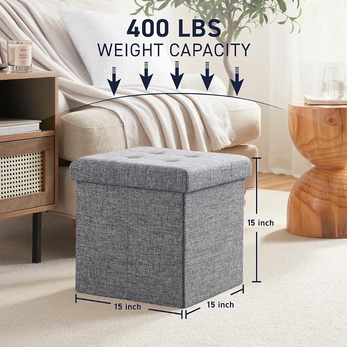 Ornavo Home 15 Inch Folding Storage Ottoman Cube, Tufted Linen, Gray | Upholstered Cube with Lid; Foot Rest Stool; Ideal for Bedroom, Living Room or Entryway