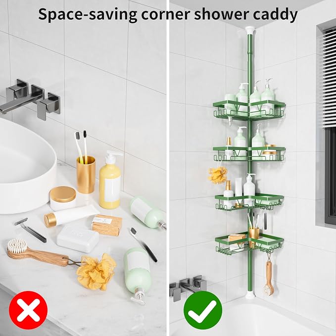 KEGII Shower Caddy Tension Pole, Bathroom Storage Shelf, Emerald Green | Space-Saving 4-Tier with 28 Hooks and Soap Holder, No Drill Setup for Renters, Adjustable Floor to Ceiling Shower Storage