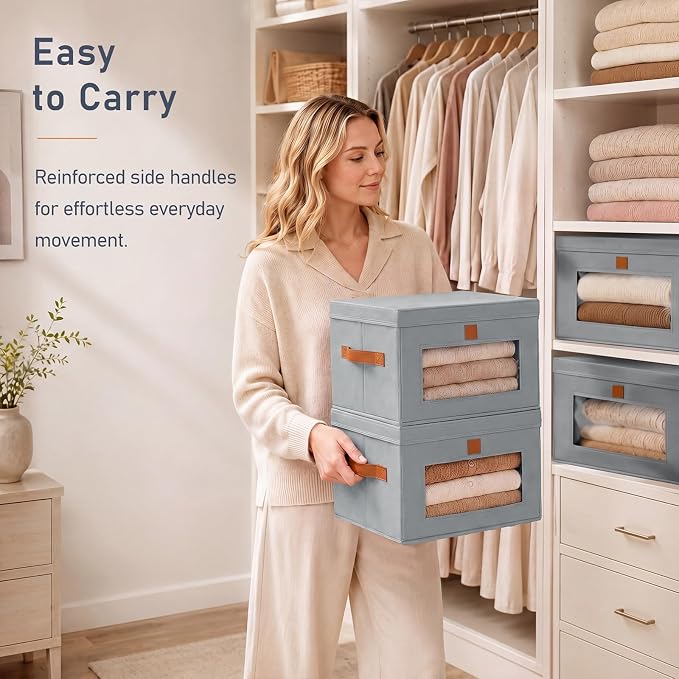 DIMJ Storage Bins with Lids - 4 Pack Front Opening Stackable Fabric Storage Boxes with Clear Window & Handles, Collapsible Closet Organizers for Clothes, Sweaters, Shelf Storage, Bedroom, Gray
