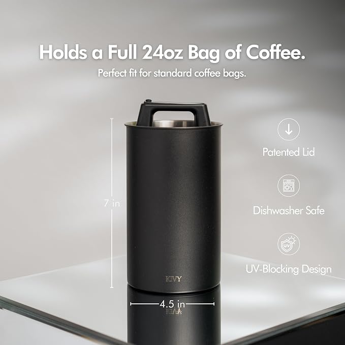 KIVY Vacuum Coffee Canister - Push Lid Preserves Coffee Aroma & Oil | Stainless Steel Airtight Coffee Canister - Container for Ground & Coffee Bean Storage - Storage Jar - Removes Excess Air