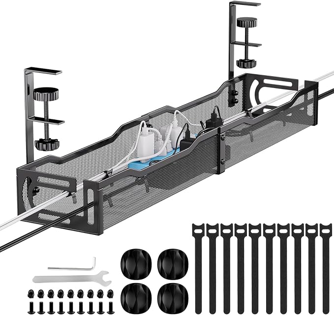 Cable Management, 25'' Cable Management Under Desk, Cable Tray | No Drill Under Desk Cable Management Tray, Cord Organizer with Clamp for Standing Desk, Desk Organizer for Home Office
