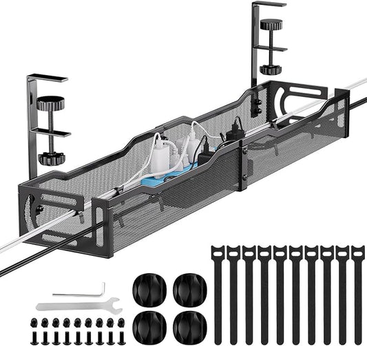 Cable Management, 25'' Cable Management Under Desk, Cable Tray | No Drill Under Desk Cable Management Tray, Cord Organizer with Clamp for Standing Desk, Desk Organizer for Home Office