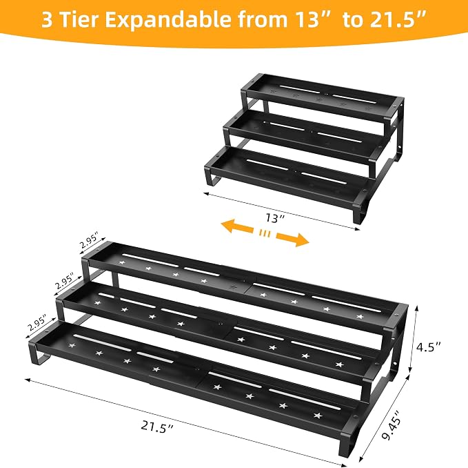 2 Pack Spice Rack Organizer for Cabinet, 13-21.5" Expandable Spicy Shelf | 9.45" Wide 3-Tier Black Metal Seasoning Organizer, Kitchen Spice Organization, Slip-Resistant Guardrails for Jars and Cans