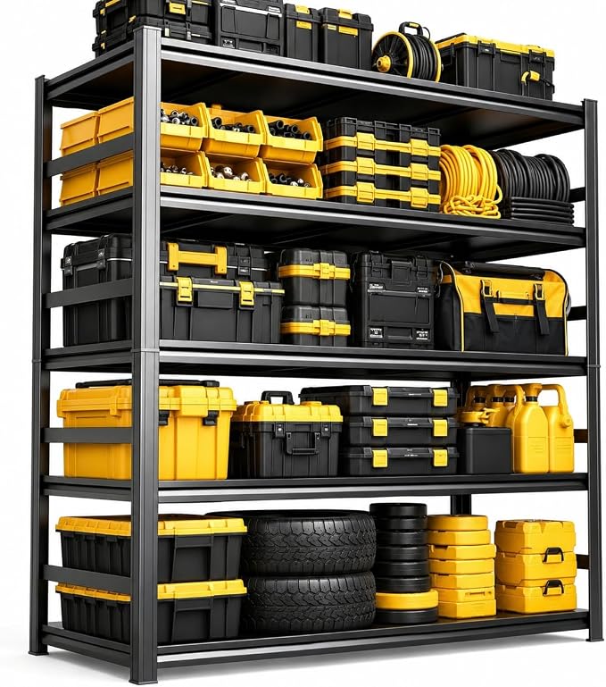 Heavy Duty Garage Shelving 5 Tier Metal Rack, 3000 LBS Adjustable Storage | Boltless steel shelving with double layer posts, for garage, basement, warehouse and kitchen storage, 72"H×36"W×16"D, Black