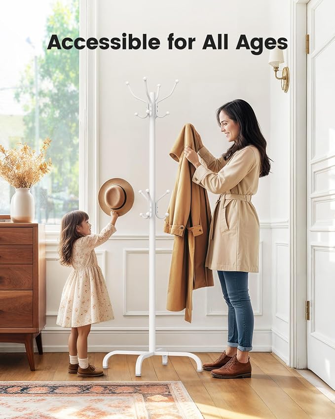 Pipishell Metal Coat Rack Freestanding with 14 Hooks, White | Durable metal frame, stable four-point base, 2 hook heights for adults and kids, smooth rods & hooks prevent clothing snags