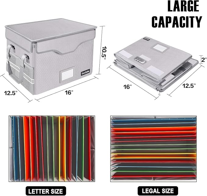 DocSafe Fireproof Document Box with Lock,File Storage Organizer with Pockets,Collapsible Portable File Box Home Office Safe Filing Cabinet with Handle for Hanging Letter/Legal Folders,Silver,2 Pack