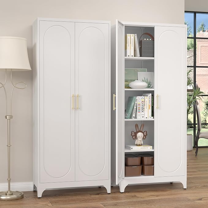 Steeloong 75"Metal Pantry Storage Cabinet with Doors & 4 Adjustable Shelves | Kitchen Pantry Cabinet,White Tall Pantry Cabinet for Kitchen Storage,Storage Cupboard for Living Room,Pantry,Garage,Bathroom