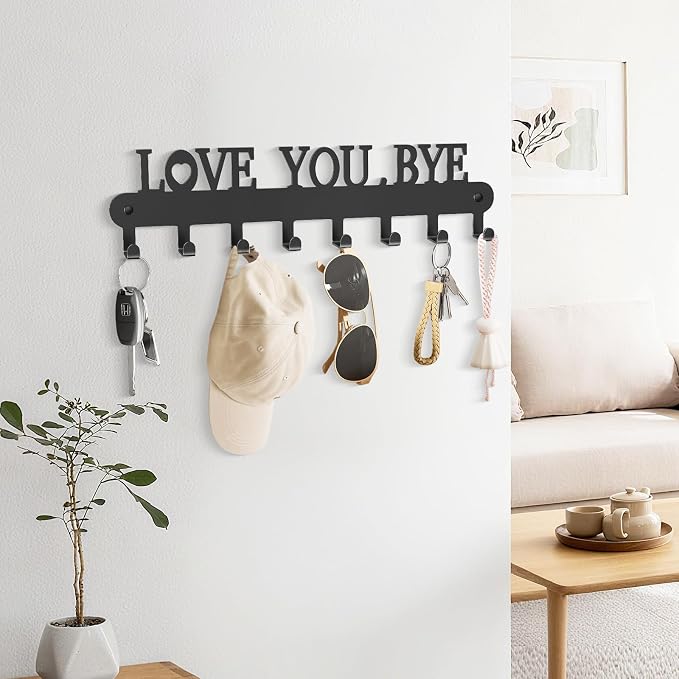 Key Holder for Wall - 'Love You Bye' Key Hooks, Black, 6 Hooks | Key Holder Wall Mount Self Adhesive, Key Rack Wall Mount for Wall No Drill for Living Room, Kitchen, Bathroom, Garage