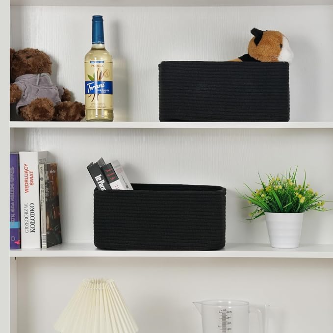 3-Pack Small Storage Baskets for Organizing | Woven Shelf Toy Basket | Rope Baskets for Gifts Empty | Closet Organizer Bins with Handles | Cube Decorative Box | 11.8×7.8×5.1” | Mixed Black