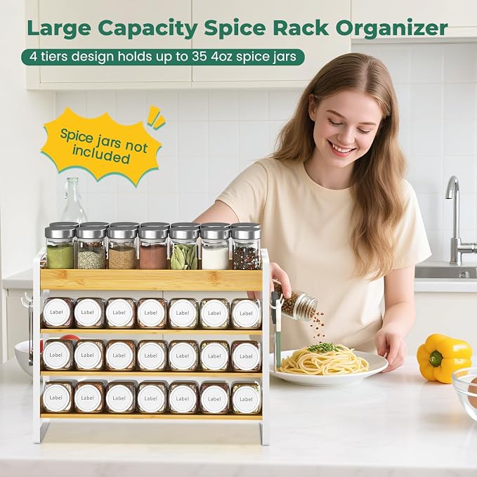 EsLuker.ly Spice Seasoning Rack Organizer Kitchen Countertop, 4 Tier Bamboo | Shelf Holder Storage with 4 Hooks, Wall Mounted Freestanding Stand for Pantry, Quick Spice Access(Jars Not Included), White