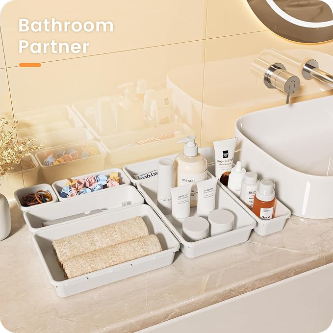 【Military Grade】A-LuGei Drawer Organizer,【𝟱𝗦𝗶𝘇𝗲】Makeup organizer,【Holds 177 Items】Bathroom Organizers and Storage,Organization and Storage,Desk Drawer Organizer for Vanity【White】