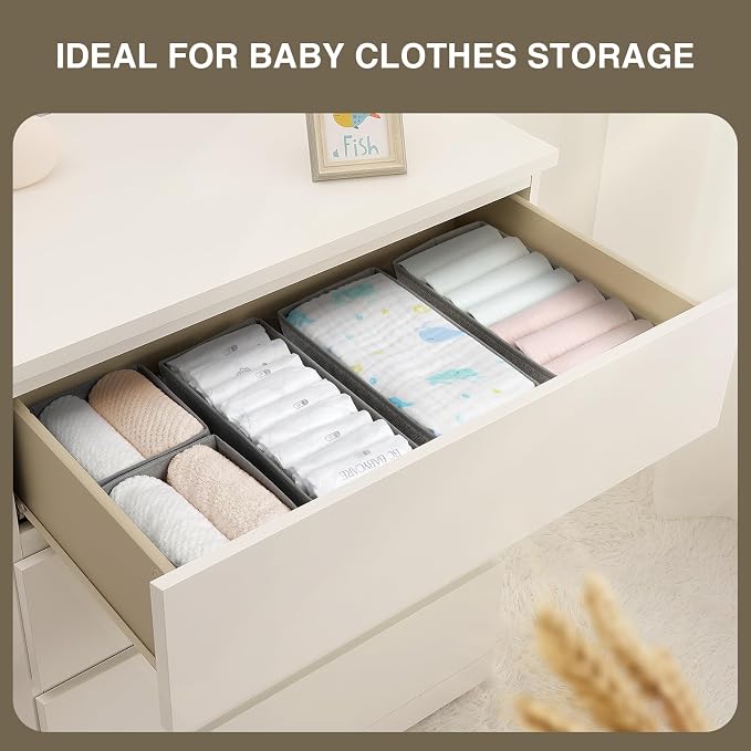 DIMJ Drawer Organizers - Set of 4 Foldable Closet Dividers for Baby Clothes, Socks, Belt, Tie (Black)